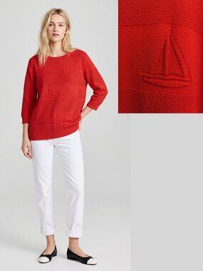 100% Cotton Red Nautical Sweater 3/4 Sleeve Sailboat Knit